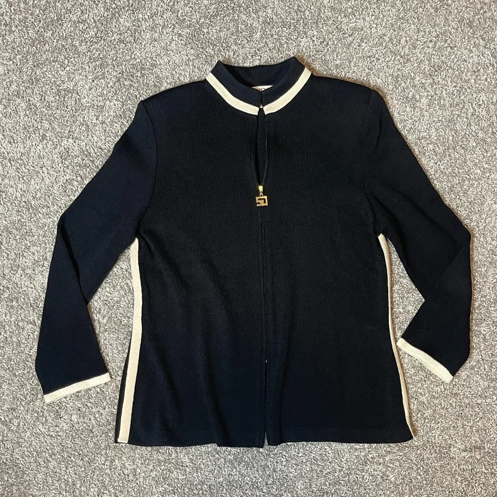 ST. JOHN Collection by Marie Gray | Knit Black Cream Contrast Front Zip